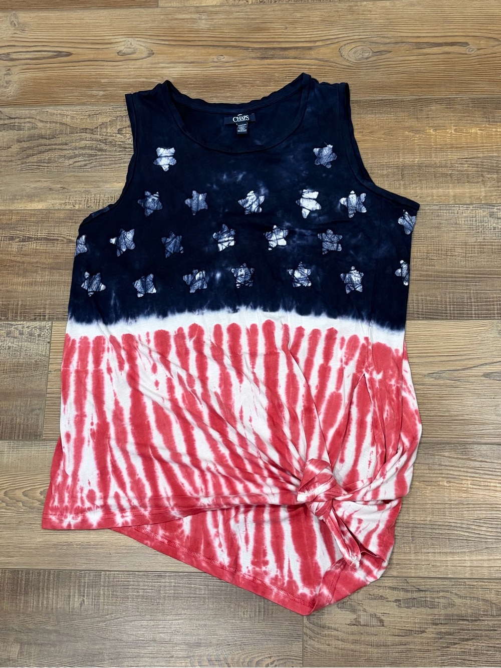 Chaps Women's Navy, White & Red Tie-Dye tank side slit tie knot 4th of July